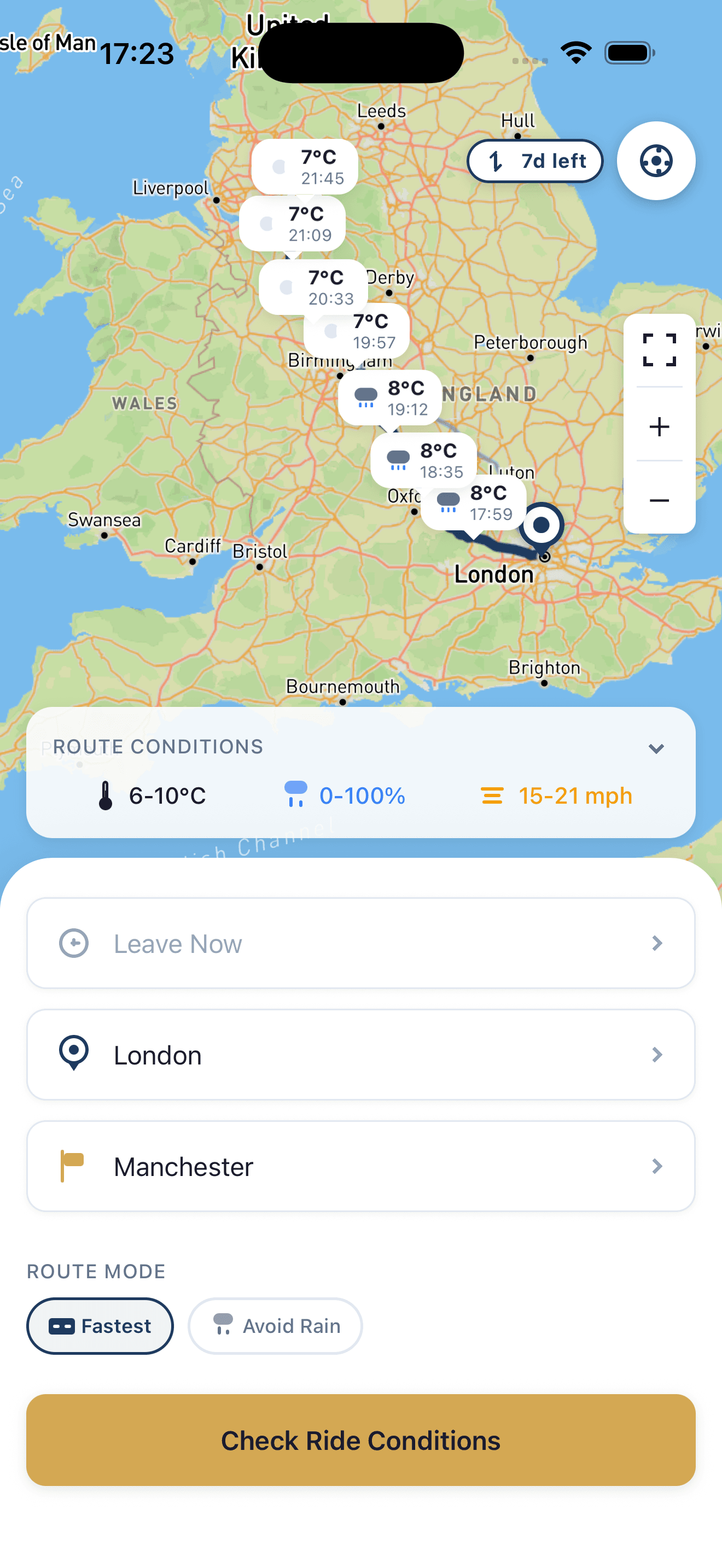 ClearRide map view with route and weather conditions